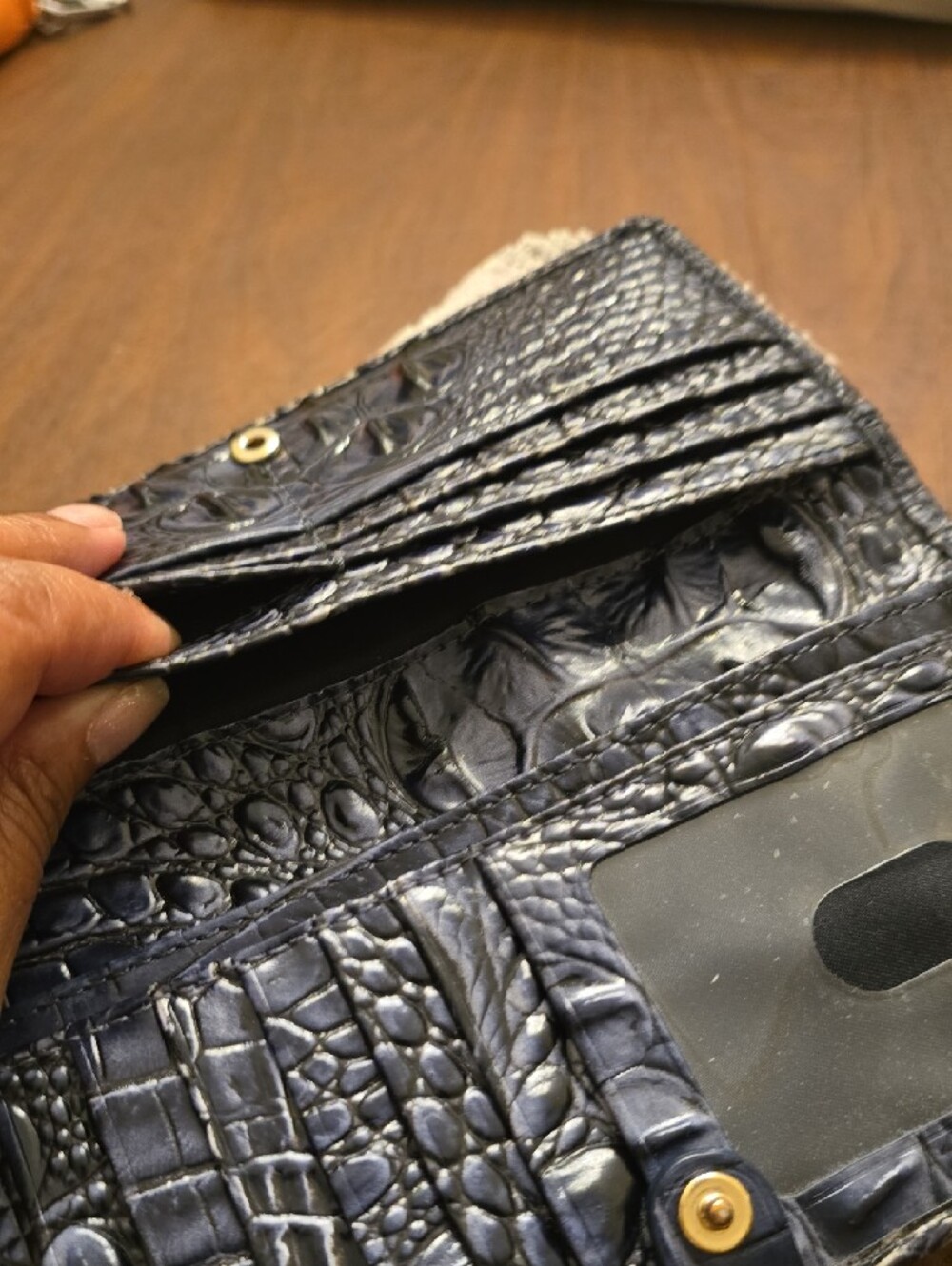 Brahmin Metallic Gray And Blue Croc-Embossed Wallet with Gold Plate - Picture 13 of 16